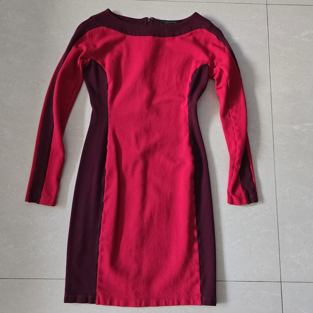 BCBGMaxAzria Long-Sleeve Fitted Dress - Pink and Purple - Size XS